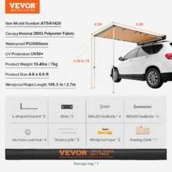 Car Side Awning Large 4.6 Ft. X 6.6 Ft. Shade Coverage Vehicle Awning PU 3000 Mm UV 50+ Retractable Car Awning -Vevor beige vevor shade cloths qccpsss46x66qepmpv0 76 1000