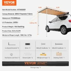 Car Side Awning Large 6.6 Ft. X 8.2 Ft. Shade Coverage Vehicle Awning PU 3000 Mm UV 50 Plus Retractable Car Awning -Vevor beige vevor shade cloths qccpsss66x82v395cv0 76 1000