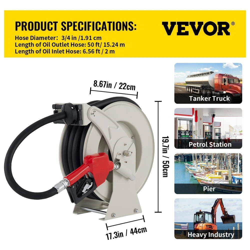 Fuel Hose Reel 3/4 In. X 50 Ft. Extra Long Retractable Diesel Hose Reel With Automatic Refueling Gun For Ship, Vehicle 10 Fuel Hose Reel 3/4 In. X 50 Ft. Extra Long Retractable Diesel Hose Reel With Automatic Refueling Gun For Ship, Vehicle - Image 8