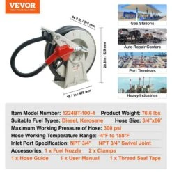 Extra Long Retractable Diesel Hose Reel 3/4 In. X 66 Ft. Fuel Hose Reel With Automatic Refueling Gun For Ship, Vehicle -Vevor black hose reels cyr66ft34inchku67v0 76 1000