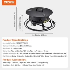 Propane Fire Pit, 24 In. Dia Outdoor Portable Gas Fire Pit, Adjustable Flame Height Camping Firepit, 58,000 BTU, Black -Vevor black vevor gas fire pits bxsrqhk24ycbl1s54v0 76 1000