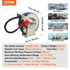 Fuel Hose Reel 1 In. X 33 Ft. Extra Long Retractable Diesel Hose Reel With Automatic Refueling Gun For Truck Ship -Vevor black vevor hose reels cyrg33ft1inchtinhv0 76 1000