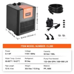 Aquarium Chiller 52 Gal. 196 L Hydroponic Water Chiller 1/10 HP Quiet Refrigeration Compressor -Vevor black vevor hydroponic systems hwqlqqjrq01hpzc9fv1 76 1000