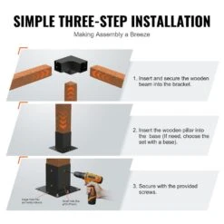 Pergola Bracket Kit 4 In. X 4 In. 4-Piece 3-Way Heavy-Duty Corner Bracket Woodworks DIY Post Base Kit Easy Installation -Vevor black vevor pergola accessories lpjjst4pcs4x7sp6av0 fa 1000