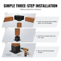 Pergola Bracket Kit 6 In. X 6 In. 4-Piece 4-Way Heavy-Duty Corner Bracket Woodworks DIY Post Base Kit Easy Installation -Vevor black vevor pergola accessories lpjjtzst4pcs2k9oov0 fa 1000