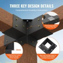 Pergola Bracket Kit 4 In. X 4 In. 4-Piece 4-Way Heavy-Duty Corner Bracket Woodworks DIY Post Base Kit Easy Installation -Vevor black vevor pergola accessories lpjjtzst4pcswtcwav0 4f 1000