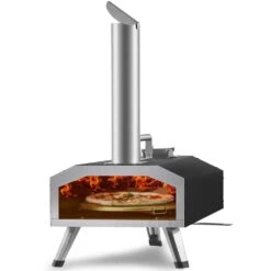 Multi-Fuel Pizza Oven 12 In. Propane And Wood Powered Outdoor Pizza Oven, Auto Rotatable Stone In Black,CSF Certified