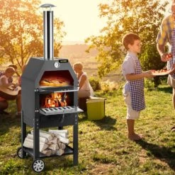 Pizza Oven 12 In. Removable Wheels 2-Layer Charcoal Burning Outdoor Pizza Oven With Pizza Stone For Barbecue In Black -Vevor black vevor pizza ovens ldspsllzxbddwrlhev0 31 1000