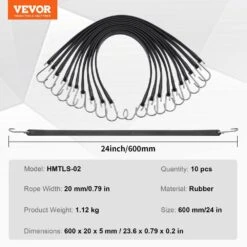 10 Piece Flat Bungee Cord, 20 Mm Heavy Duty Bungee Straps W/ Steel S-Hooks, 24 In. Elastic Bungee Rope For Cargo, Tarps -Vevor black vevor plant hangers dlkzd24inch1f1zymv0 76 1000