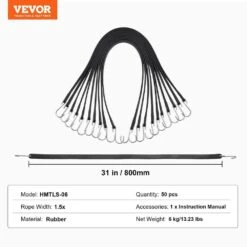50 Piece Flat Bungee Cord, 19.8 Mm Heavy Duty Bungee Straps With Steel S-Hooks, 31 In. Elastic Bungee Rope For Cargo -Vevor black vevor plant hangers dlkzd31inch5oswmjv0 76 1000