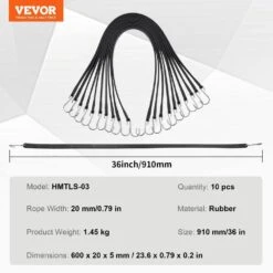 10 Piece Flat Bungee Cord, 20 Mm Heavy Duty Bungee Straps W/ Steel S-Hooks, 36 In. Elastic Bungee Rope For Cargo, Tarps -Vevor black vevor plant hangers dlkzd36inch1y2zi5v0 76 1000