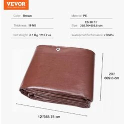 12 Ft. X 20 Ft. Heavy-Duty Tarp 16 Mil Polyethylene Tarp Cover Tear UV And Temperature Resistant Brown -Vevor brown vevor canopy parts fsbzspepe1220y47jv0 76 1000