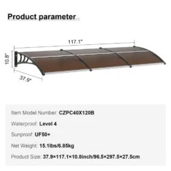 Window Door Awning Canopy 40 In. X 120 In. UPF 50+ Polycarbonate Entry Door Outdoor Window Awning Exterior -Vevor brown vevor shade cloths mczypycz40120rar3v0 76 1000