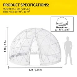 Garden Dome 12 Ft. X 12 Ft. X 7.2 Ft. PVC Antifreeze Film Geodesic Dome With Door And Windows For Sunbubble, Clear -Vevor clear vevor canopy tents xkzp12ft000000001v0 76 1000