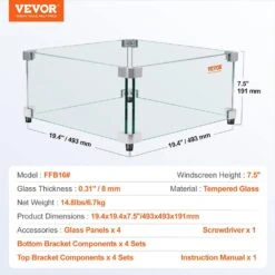 Gas Fire Pit Wind Guard For Square Fire Table 19 X 19 X 7.5 In. X 0.31 In Thick Clear Tempered Wind Guard For Firepits -Vevor clear vevor fire pit covers and accessories ffb18 5x18 5x6yc1v0 76 1000