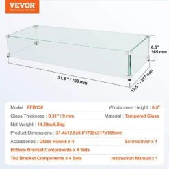 Glass Wind Guard For Rectangular Fire Pit Table 31 X 12.5 X 6.5 In. X 0.31 In. Thick Sturdy Tempered Glass Panel W/Feet -Vevor clear vevor fire pit covers and accessories fx30 511 56inmohvv0 76 1000