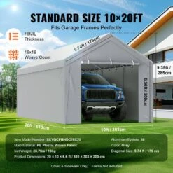 Carport Replacement Canopy Cover Top Plus Side Wall 10 Ft. X 20 Ft. Garage Tent Shelter Tarp Heavy-Duty Waterproof -Vevor gray vevor canopy parts ckpb10x20fth27h20v0 1f 1000