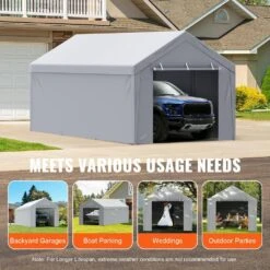 Carport Replacement Canopy Cover Top Plus Side Wall 10 Ft. X 20 Ft. Garage Tent Shelter Tarp Heavy-Duty Waterproof -Vevor gray vevor canopy parts ckpb10x20fth27h20v0 76 1000