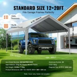 Carport Replacement Canopy Cover 12 Ft. X 20 Ft., Garage Top Tent Shelter Tarp Heavy-Duty Waterproof -Vevor gray vevor canopy parts ckpb12x20fth7x9qgv0 1f 1000