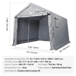 Compact Outdoor Shelter, 7 X 12 X 7. 36 Ft. Durable Season-Long Storage Canopy, Instant Setup Tent With Rolling Zip Door -Vevor gray vevor canopy parts tycwp7ftx12fttuicv0 1021 76 1000