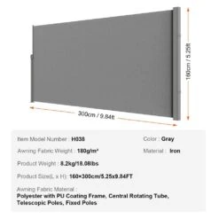 Retractable Side Awning 63 In. X 118 In. Outdoor Privacy Screen 180g Polyester Water-Proof Retractable Patio Screen -Vevor gray vevor shade cloths ksscp160x300iwjv6v0 76 1000