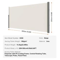 Retractable Side Awning 79 In. X 118 In. Outdoor Privacy Screen, 180 G Polyester Water-Proof Retractable Patio Screen -Vevor gray vevor shade cloths ksscp200x3001sm6gv0 76 1000