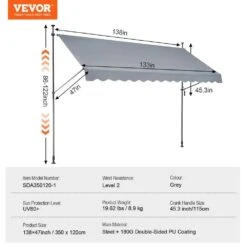 138 X 47 In. Patio Awning Retractable, Awning Sunshade Shelter With Manual Crank Handle, Outdoor Patio Canopy Deck -Vevor grays vevor shade cloths ssszyphslzs1makgbv0 76 1000