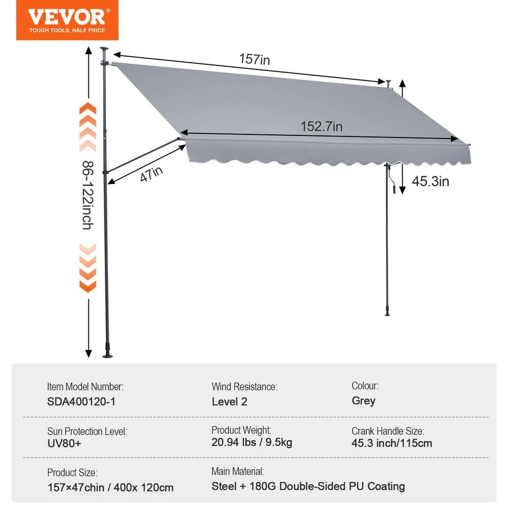 157 X 47 In. Patio Awning Retractable, Awning Sunshade Shelter With Manual Crank Handle, Outdoor Patio Canopy Sunsetter 9 157 X 47 In. Patio Awning Retractable, Awning Sunshade Shelter With Manual Crank Handle, Outdoor Patio Canopy Sunsetter - Image 7