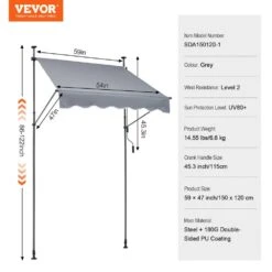 59 X 47 In. Patio Awning Retractable, Awning Sunshade Shelter With Manual Crank Handle, Outdoor Patio Canopy Deck -Vevor grays vevor shade cloths ssszyphslzs5x78whv0 76 1000