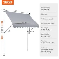 98 X 47 In. Patio Awning Retractable, Awning Sunshade Shelter With Manual Crank Handle, Outdoor Patio Canopy Sun Setter -Vevor grays vevor shade cloths ssszyphslzs9osnmlv0 76 1000
