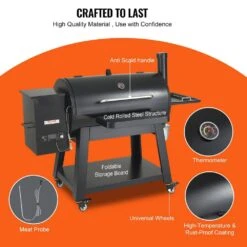 Pellet Smoker 840 Sq. In Portable Wood Pellet Grill With Cart 8 In. 1 BBQ Grill, Black -Vevor pellet grills w88020160500fefrxv1 fa 1000