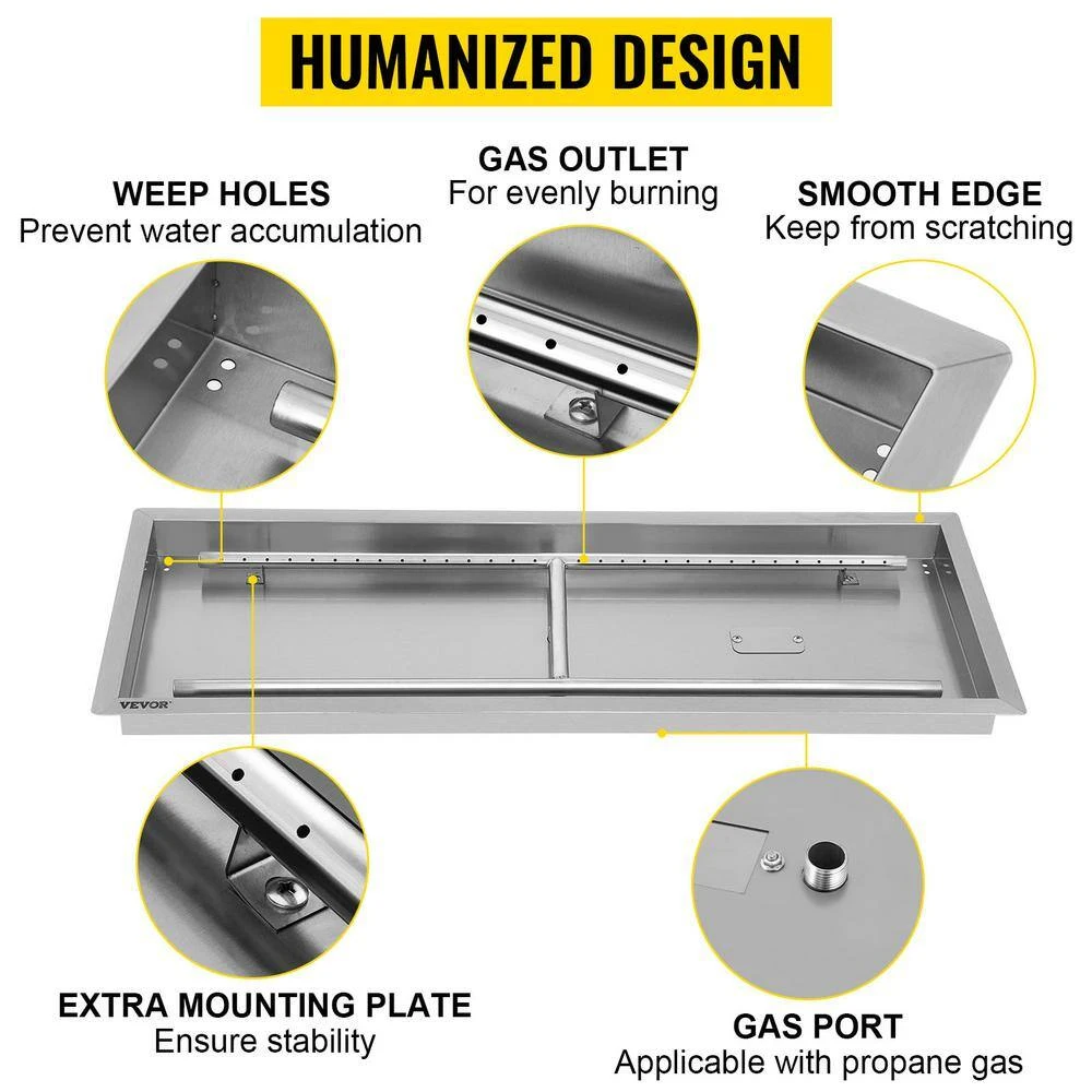 32.5 X 12.5 In. Stainless Steel Rectangular Fire Pit Pan And Burner 90 K BTU Built-in Fire Pit Pan With H-Burner 4 32.5 X 12.5 In. Stainless Steel Rectangular Fire Pit Pan And Burner 90 K BTU Built-in Fire Pit Pan With H-Burner - Image 2