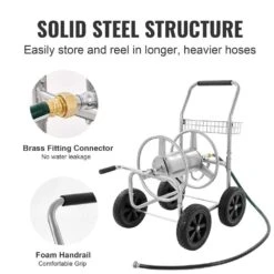 Hose Reel Cart Hold Up To 300 Ft. Of 5/8 In. Hose, Garden Water Hose Carts Mobile Tools With 4 Wheels -Vevor silver vevor hose reels sgjpc4gg300falxr0v0 4f 1000