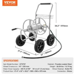 Hose Reel Cart Hold Up To 300 Ft. Of 5/8 In. Hose, Garden Water Hose Carts Mobile Tools With 4 Wheels -Vevor silver vevor hose reels sgjpc4gg300falxr0v0 76 1000