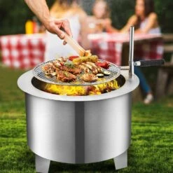 16.9 In. Dia X 15.5 In. H Stainless Steel Smokeless Fire Pit Bonfire Patio Fire Pit With Detachable Grill For Outdoor -Vevor silver vevor wood burning fire pits skhp22x22x1600001v0 31 1000