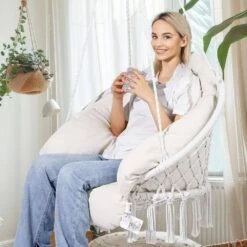 Hanging Hammock Swing Chair, Macrame Hanging Chair With Cushion And Mounting Hardware, Cotton Rope Swing Chair -Vevor vevor camping hammocks xgsdysyqyxkzdyxp2v0 31 1000