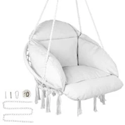 Hanging Hammock Swing Chair, Macrame Hanging Chair With Cushion And Mounting Hardware, Cotton Rope Swing Chair