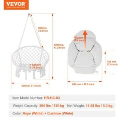 Hanging Hammock Swing Chair, Macrame Hanging Chair With Cushion And Mounting Hardware, Cotton Rope Swing Chair -Vevor vevor camping hammocks xgsdysyqyxkzdyxp2v0 76 1000