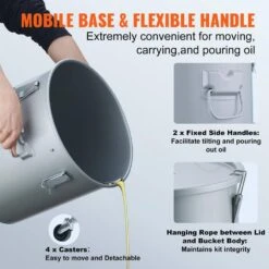 Fryer Grease Bucket 10 Gal Oil Disposal Caddy With Caster Base Carbon Steel Oil Transport Container, Gray -Vevor vevor fryer accessories djlzgyzttg10ngag5v0 44 1000