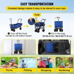 3 Cu.ft. Collapsible Wagon Cart Foldable Extra Large Collapsible Steel Garden Cart With Adjustable Handles, Blue -Vevor vevor garden carts dzdptc buhsku0001v0 44 1000