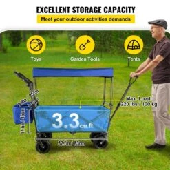3 Cu.ft. Collapsible Wagon Cart Foldable Extra Large Collapsible Steel Garden Cart With Adjustable Handles, Blue -Vevor vevor garden carts dzdptc buhsku0001v0 4f 1000