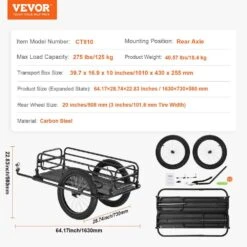 Bike Cargo Trailer 275 Lbs. Heavy-Duty 3.94 Cu. Ft. Metal Garden Cart With 20 In. Wheels And Universal Hitch -Vevor vevor garden carts yykhz2275b00p8ev8v0 76 1000