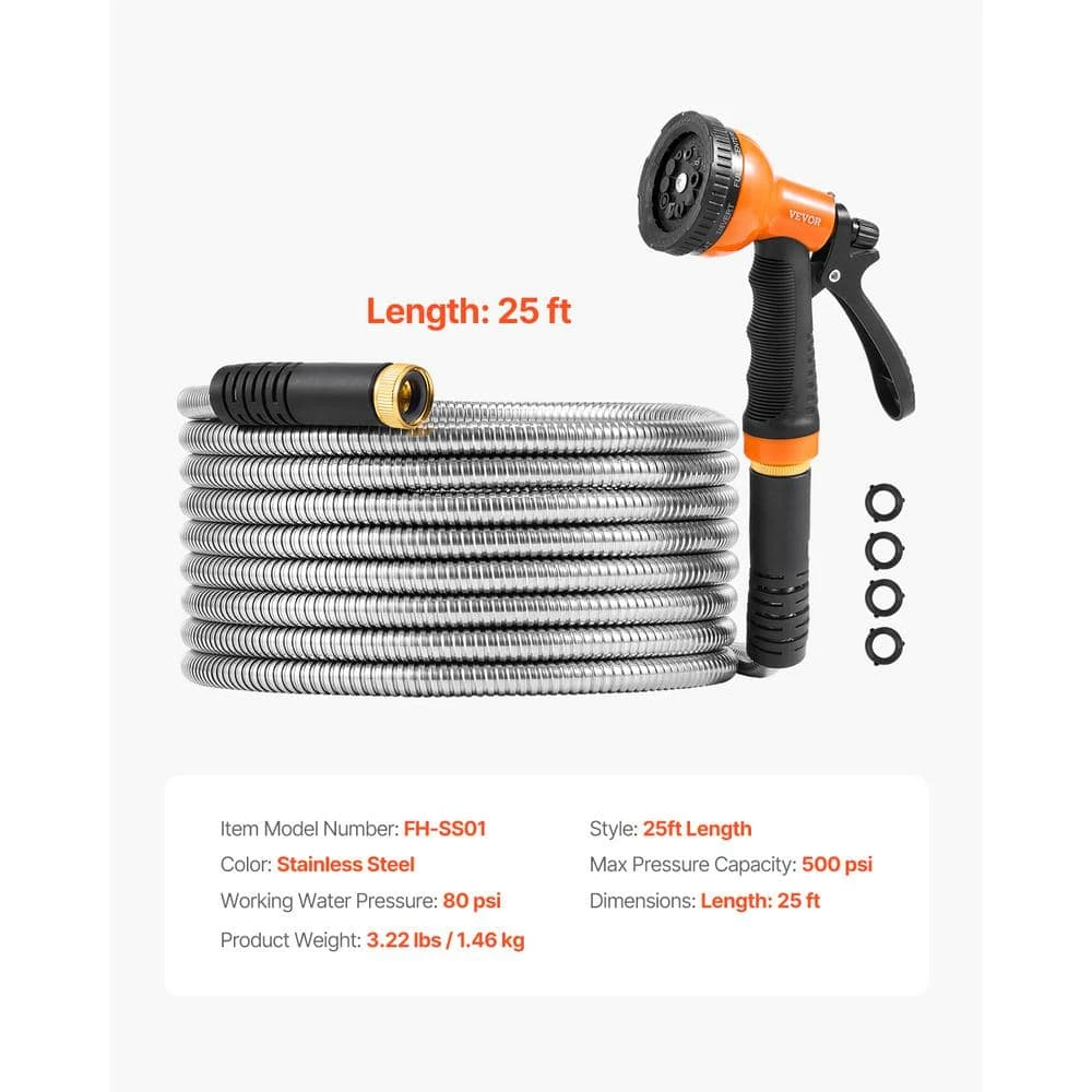 Metal Garden Hose 0.38 In. Dia. X 25 Ft. Rust Proof Stainless Steel Water Hose, Heavy Duty Hose With 10 Function Nozzle 9 Metal Garden Hose 0.38 In. Dia. X 25 Ft. Rust Proof Stainless Steel Water Hose, Heavy Duty Hose With 10 Function Nozzle - Image 7
