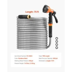 Metal Garden Hose 0.38 In. Dia. X 75 Ft., Rust Proof Stainless Steel Water Hose, Heavy Duty Hose With 10 Function Nozzle -Vevor vevor garden hoses jstyrg75ft00wj5aav0 76 1000