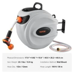 Retractable Hose Reel 1/2 In. Dia X 100 Ft. Garden Water Hose Reel With 9-Pattern Nozzle, 180° Swivel Bracket -Vevor vevor garden hoses kssjgqhtsh100f02av0 76 1000