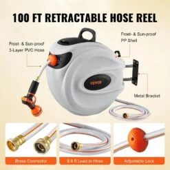 Retractable Hose Reel 1/2 In. Dia X 100 Ft. Garden Water Hose Reel With 9-Pattern Nozzle, 180° Swivel Bracket -Vevor vevor garden hoses kssjgqhtsh100f02av0 fa 1000