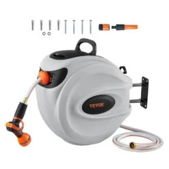 Retractable Hose Reel 5/8 In. Dia X 84 Ft. Garden Water Hose Reel W/9-Pattern Nozzle 180° Swivel Bracket Wall-Mounted