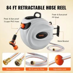 Retractable Hose Reel 5/8 In. Dia X 84 Ft. Garden Water Hose Reel W/9-Pattern Nozzle 180° Swivel Bracket Wall-Mounted -Vevor vevor garden hoses kssjgqhtsh84fx14ov0 fa 1000