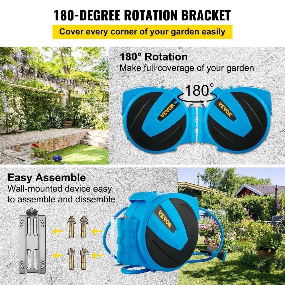 Retractable Hose Reel 5/8 In. X 90 Ft. Wall Mounted Garden Hose Reel With Swivel Bracket And 7 Pattern Nozzle Water Hose 7 Retractable Hose Reel 5/8 In. X 90 Ft. Wall Mounted Garden Hose Reel With Swivel Bracket And 7 Pattern Nozzle Water Hose - Image 5