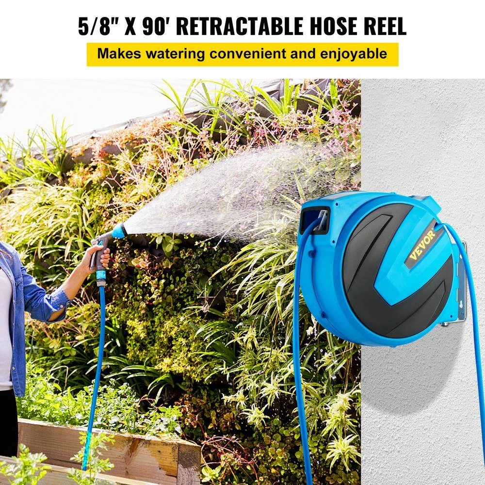 Retractable Hose Reel 5/8 In. X 90 Ft. Wall Mounted Garden Hose Reel With Swivel Bracket And 7 Pattern Nozzle Water Hose 4 Retractable Hose Reel 5/8 In. X 90 Ft. Wall Mounted Garden Hose Reel With Swivel Bracket And 7 Pattern Nozzle Water Hose - Image 2